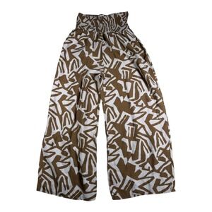 Iris Womens Brown White Abstract Geometric Smocked Wide Leg Palazzo Pants Small